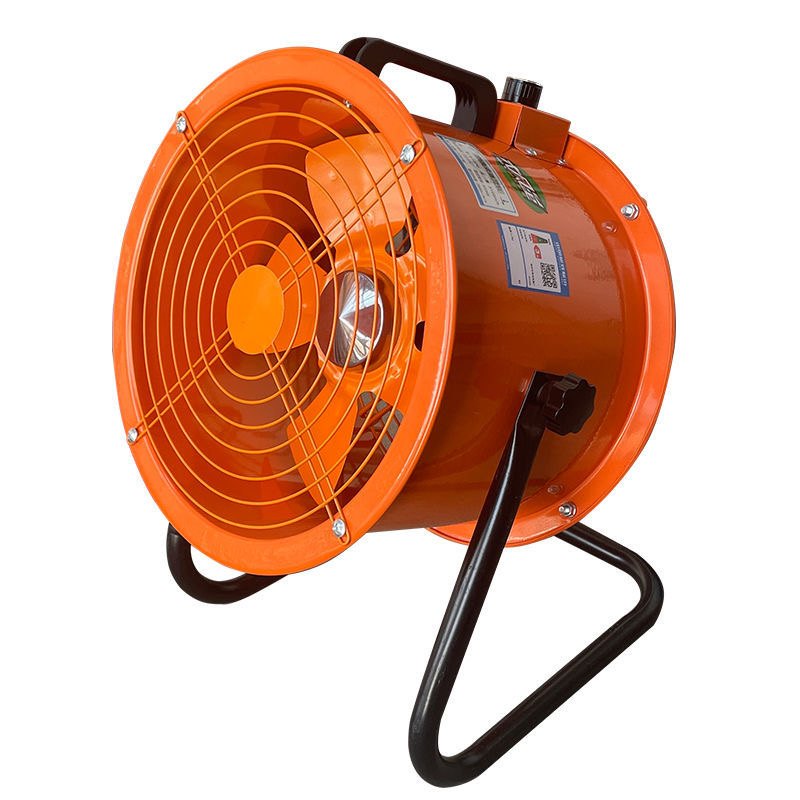 Orange portable axial fan with handle and stand